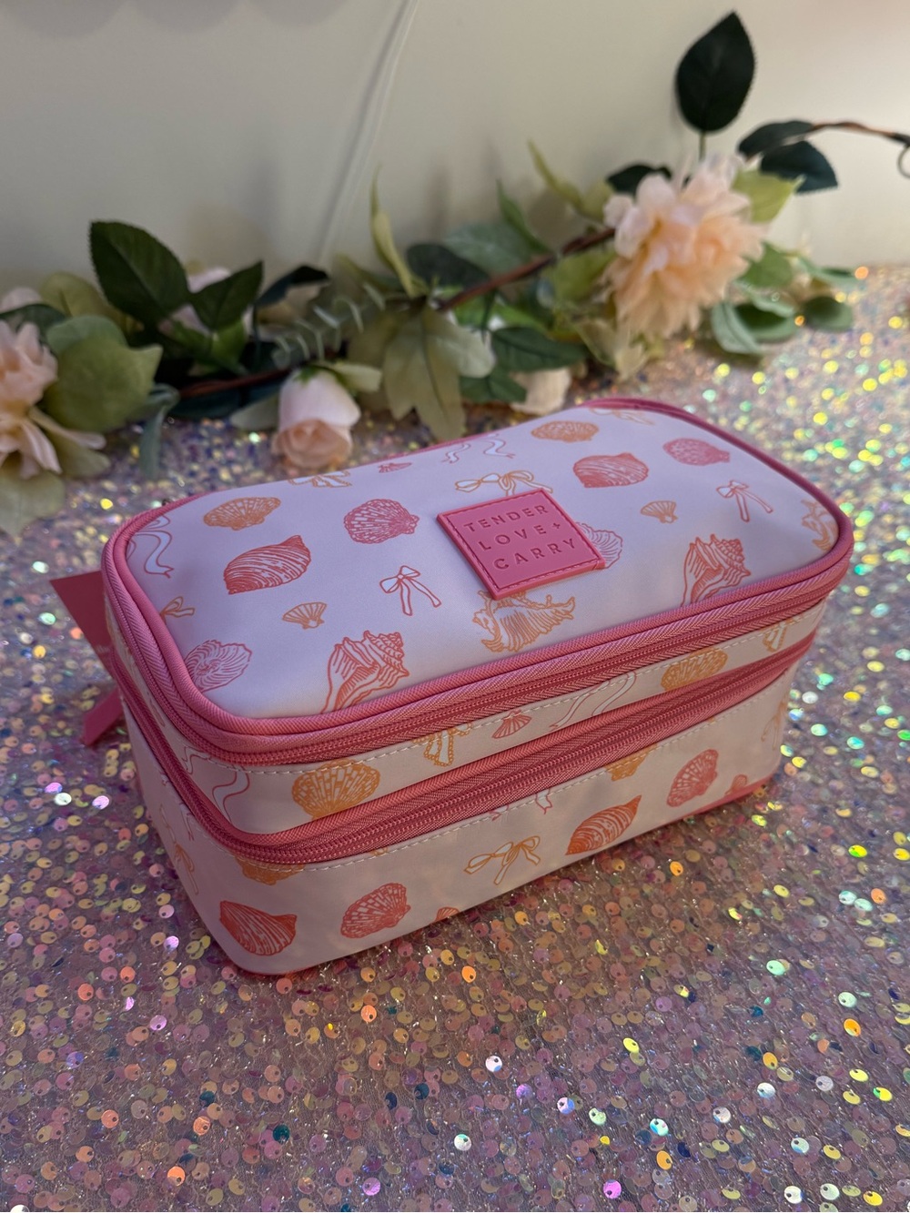 NWT Tender Love + Carry Double Zip Utility Bag in Pink Seashells/Ribbon Pattern